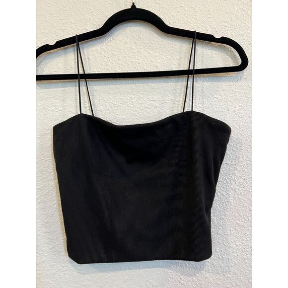 #153 Love Tree String Strap Cropped Ribbed Black Tank Top Size Medium - Picture 2 of 3